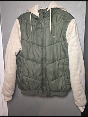 Aeropostale Mens XL Mixed Media Puffer Jacket Olive Green Fleece Hooded A87